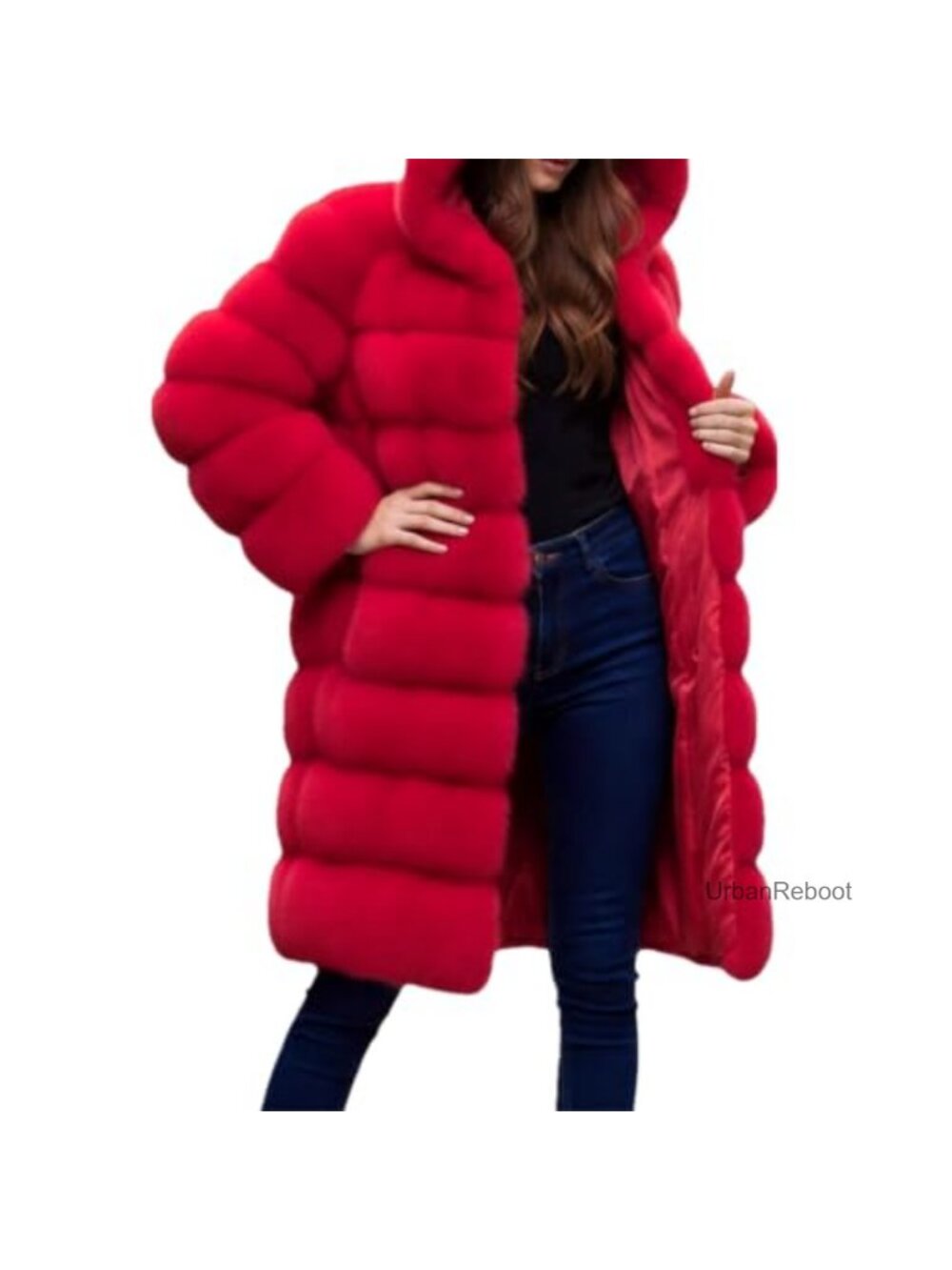 Plus Size Faux Fur Hooded Jacket Fluffy Winter Overcoat Long Sleeve Warm